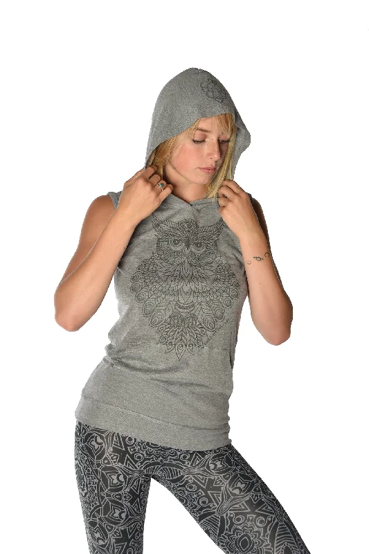 Sacred Geometry Owl on a Sleeveless Hoodie