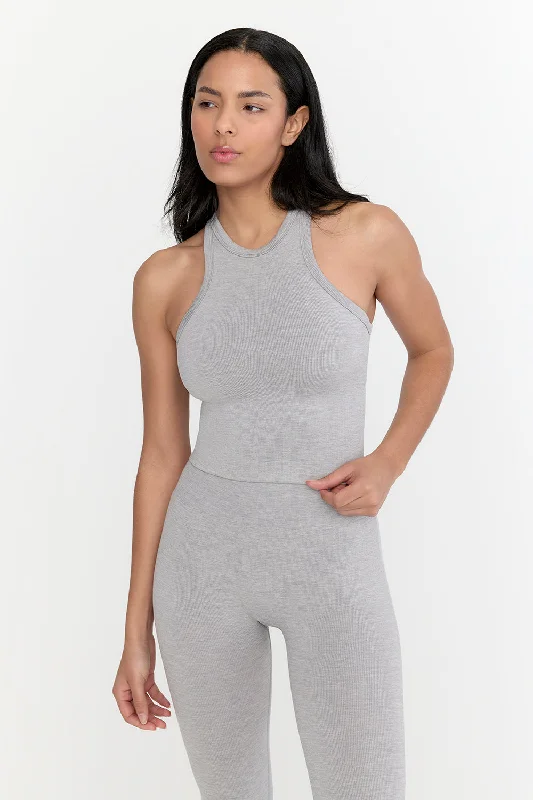 SCULPT SEAMLESS RIBBED RACER TANK - LIGHT GREY MARL