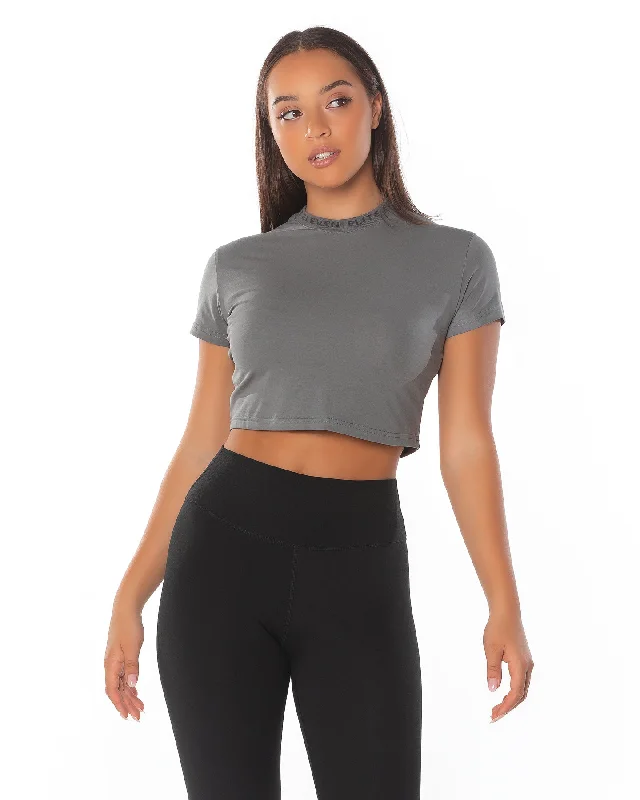 Cropped Ribbed Collar T-shirt - Charcoal