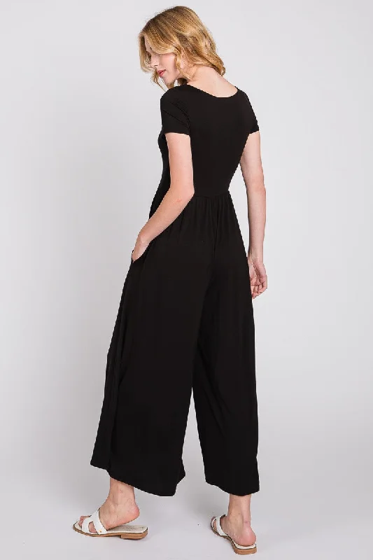 Black Short Sleeve Pocketed Jumpsuit