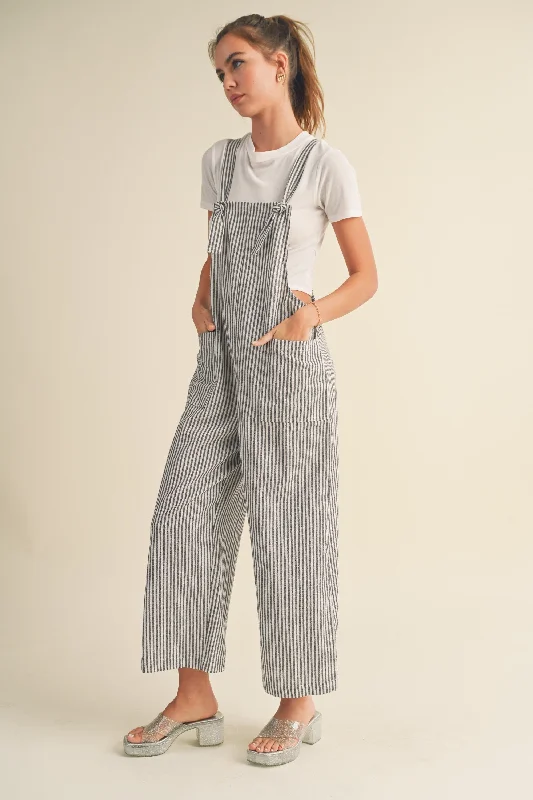 Black Striped Linen Overalls