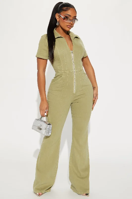 Can't Be Tamed Denim Jumpsuit - Olive