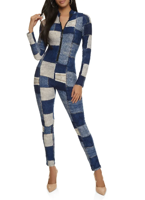 Patchwork Print Zip Neck Jumpsuit