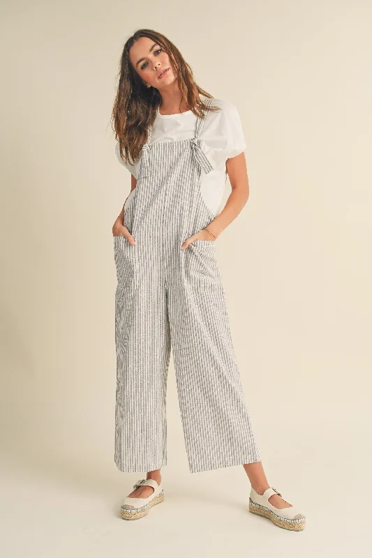 Grey Striped Linen Overalls