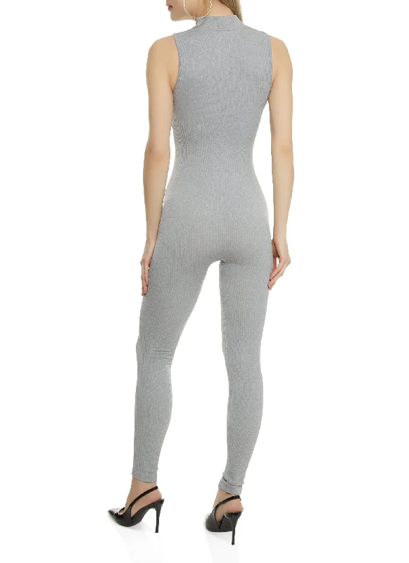 Mock Neck Zip Front Sleeveless Catsuit