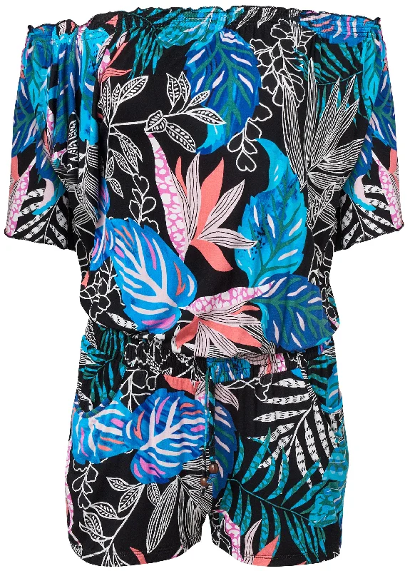 Bahamian palm off shoulder romper - Blue Multi