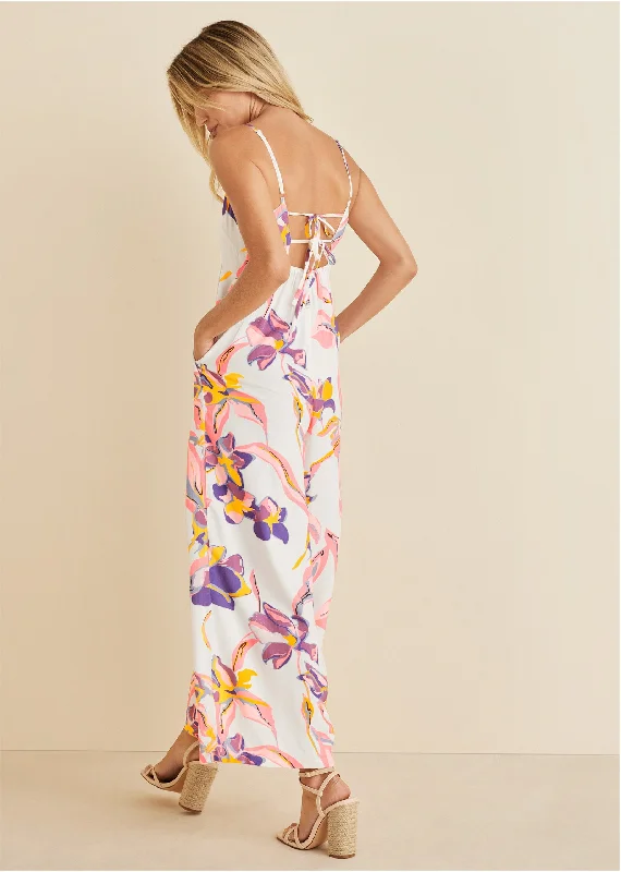 Square neck printed jumpsuit  - White Multi