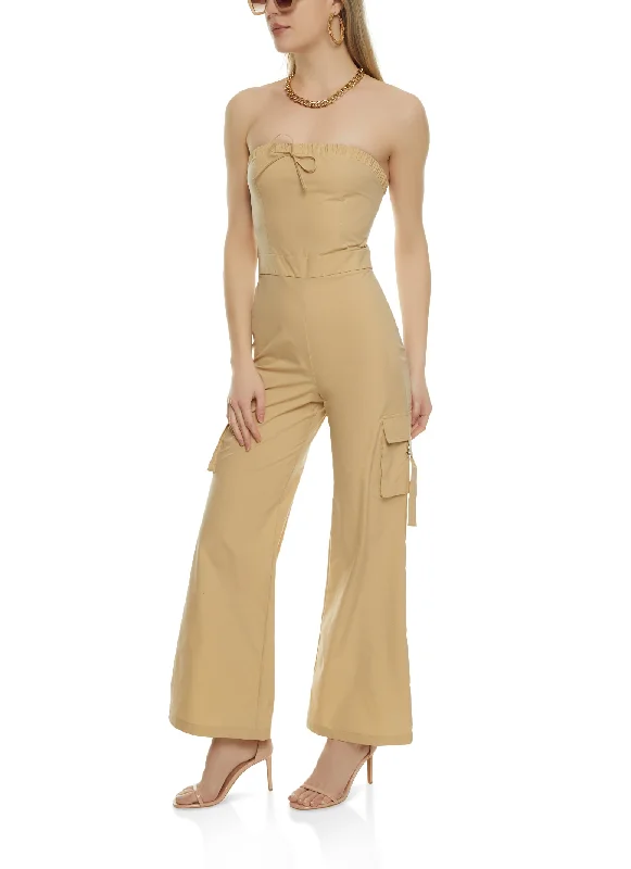 Zip Back Strapless Cargo Pocket Jumpsuit