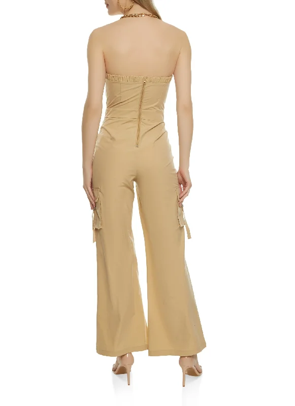 Zip Back Strapless Cargo Pocket Jumpsuit