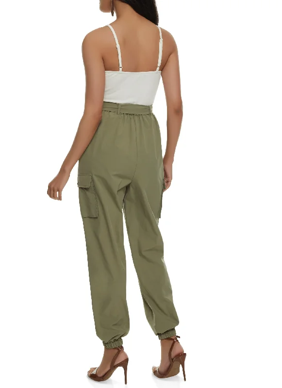 V Neck Paper Bag Waist Cami Jumpsuit