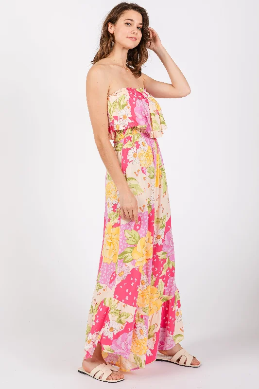 Multi-Color Floral Strapless Ruffle Wide Leg Jumpsuit