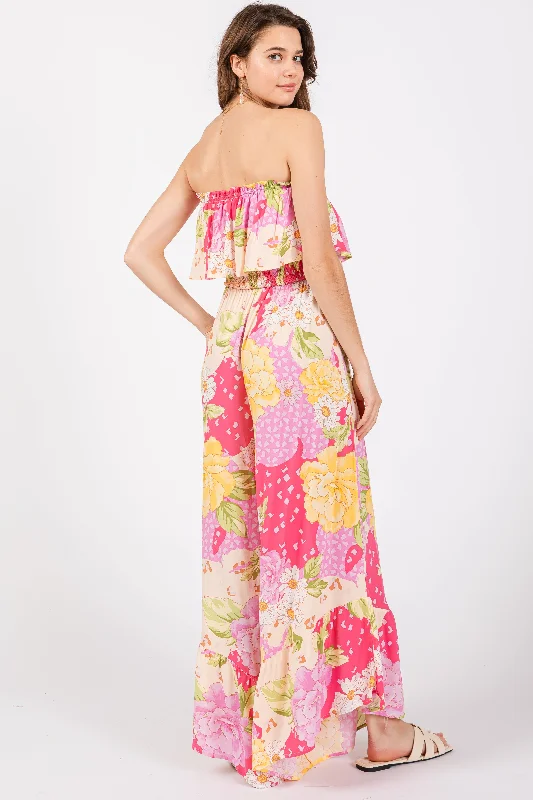 Multi-Color Floral Strapless Ruffle Wide Leg Jumpsuit