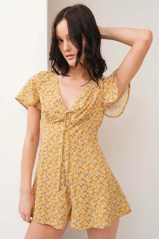 Mustard Floral Print V Neck Romper