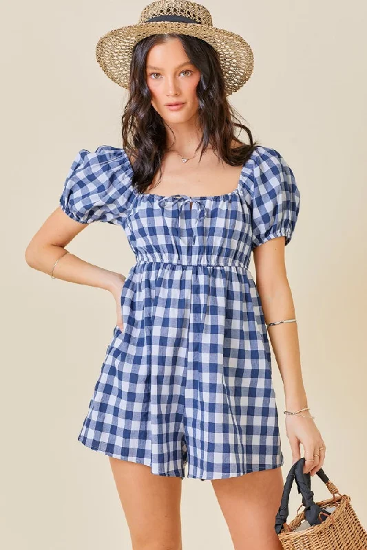 Navy Blue Gingham Cutout Romper