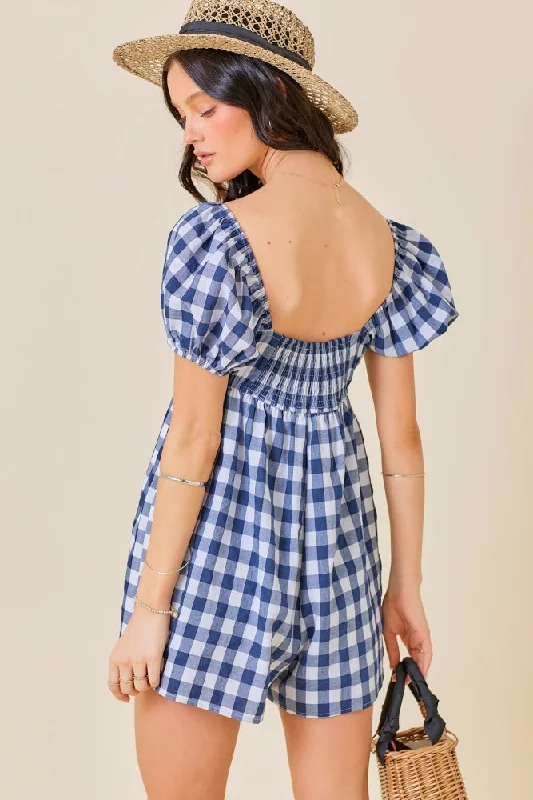 Navy Blue Gingham Cutout Romper