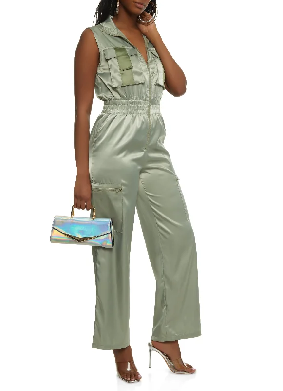 Sleeveless Elastic Waist Cargo Jumpsuit