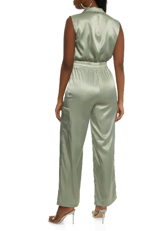 Sleeveless Elastic Waist Cargo Jumpsuit