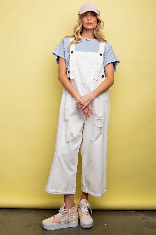 White Side Button Distressed Overalls