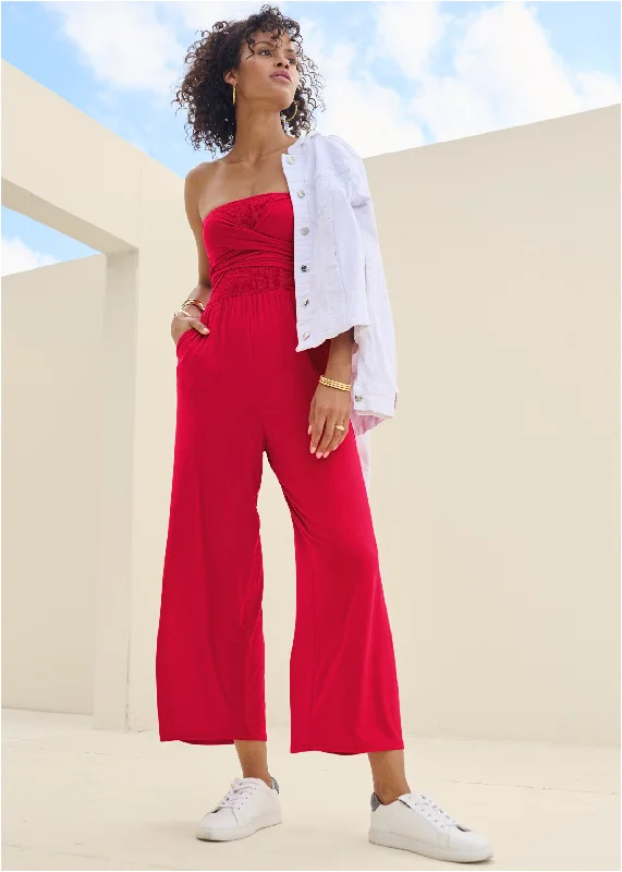 Smocked tie-front jumpsuit - Red