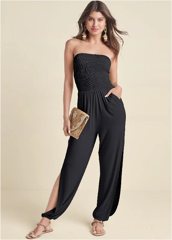 Smocked side slit jumpsuit - Black