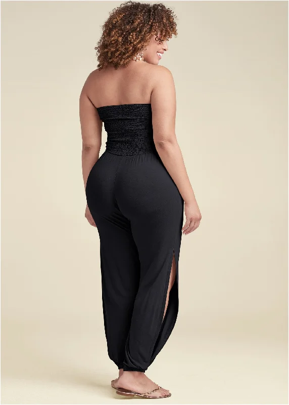 Smocked side slit jumpsuit - Black