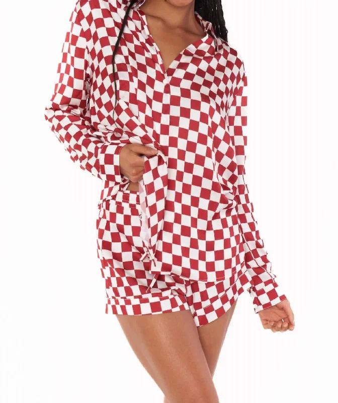 Early Riser Pj Set In Red Checker Silky