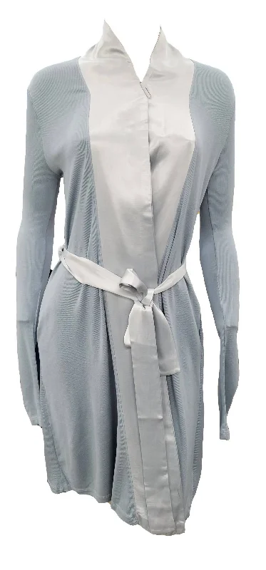 Elijah Rib Knit Longsleeve Robe With Satin Trim And Belt In Morning Blue