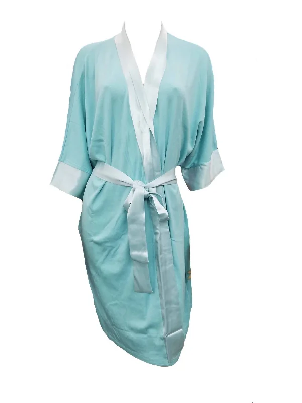 Shala Knit Robe With Pockets And Satin Trim In Aqua