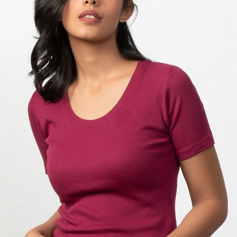 Cotton Modal Ribbed Scoop Neck Top | Berry Pink