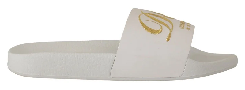 Dolce & Gabbana Chic White Leather Slides with Gold Men's Embroidery